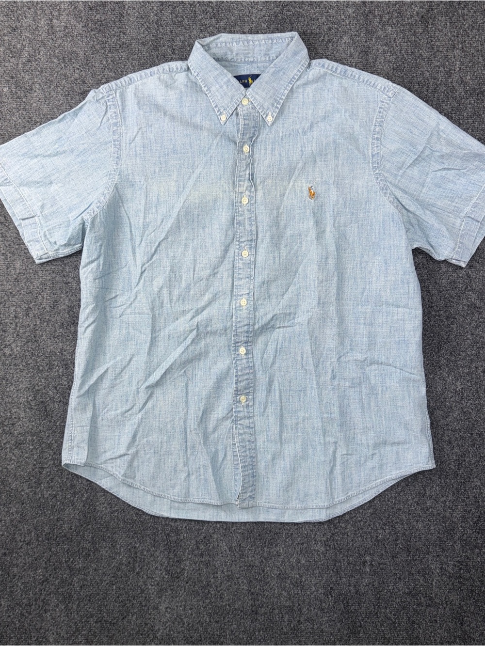 Ralph Lauren Shirt Mens XL Blue Chambray Short Sleeve Button Front Casual oxford